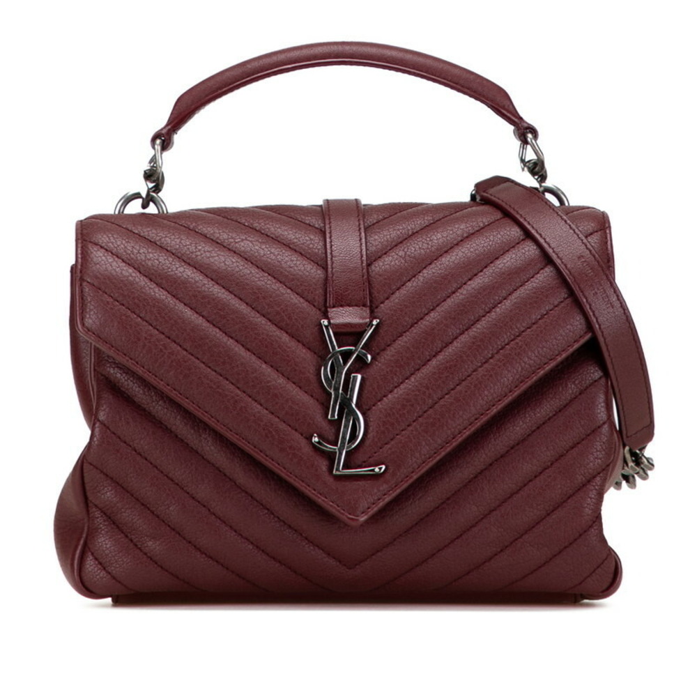 Saint Laurent YSL logo college bag handbag shoulder Wine Red red silver leather - Picture 1 of 9